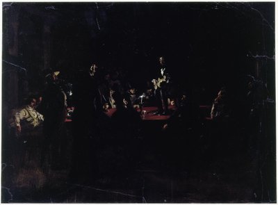 Unos comensales alrededor de una gran mesa y un cantante de Adolph Menzel
