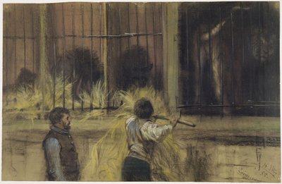 Dos cuidadores de animales frente al recinto de los depredadores de Adolph Menzel