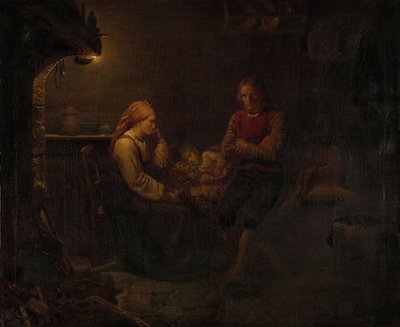Padres junto a la cama de su hijo enfermo de Adolph Tidemand