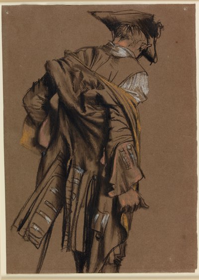Modelo del artista, vista desde atrás, poniéndose un uniforme del siglo XVIII de Adolph Menzel