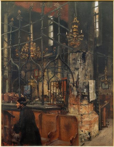 El interior de la Sinagoga Vieja-Nueva en Praga de Adolph Menzel