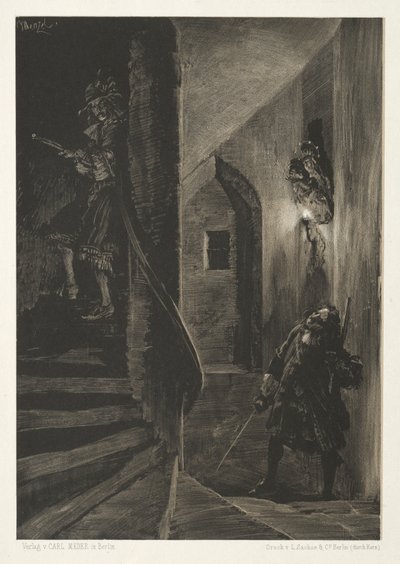 Ensayo sobre piedra con pincel y raspador: Persecución en la escalera de caracol de Adolph Menzel