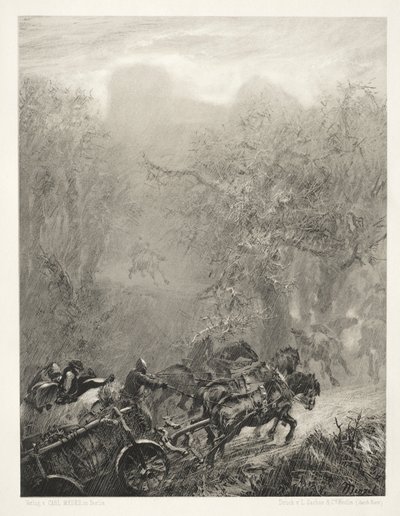 Ensayo sobre piedra con pincel y raspador: El convoy de prisioneros a través de un bosque de Adolph Menzel