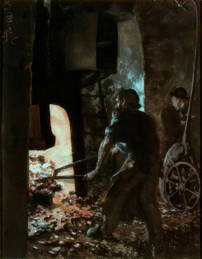 Autorretrato con trabajador en el martillo de vapor de Adolph Menzel
