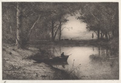 Un pescador en un estanque boscoso al atardecer de Adolphe Appian