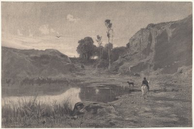 Un jinete junto a un estanque de montaña al atardecer de Adolphe Appian