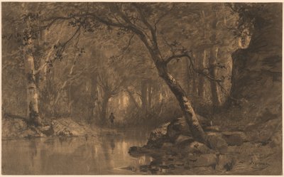 Un río en el bosque con un pescador de Adolphe Appian