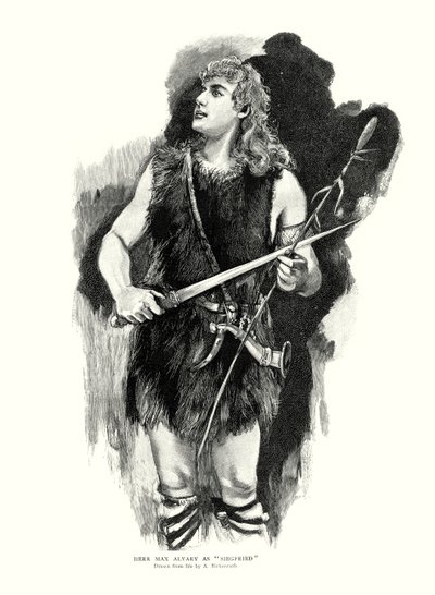 Tenor alemán Max Alvary como Siegfried en la ópera Die Walkure de Richard Wagner en la Royal Opera House, Covent Garden, Londres (litografía) de Adolphe Birkenruth