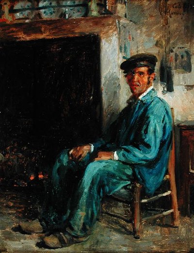 Un campesino frente a un hogar, 1859 de Adolphe Felix Cals