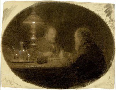 Dos amigos alrededor de una mesa de Adolphe Felix Cals