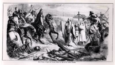 San Lupo defendiendo la ciudad de Troyes contra Atila el Huno (c.406-453) en su caballo, ilustración de una historia de Francia, segunda mitad del siglo XIX de Adolphe Francois Pannemaker