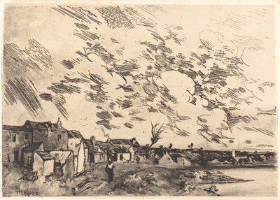 Pueblo en la orilla de un río de Adolphe Hervier