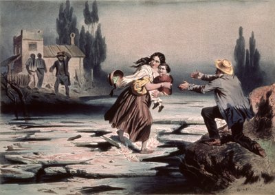 Eliza cruzando los témpanos de hielo del río Ohio hacia la libertad, ilustración de 