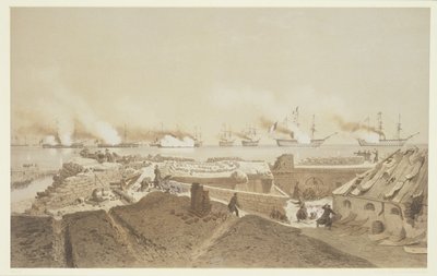 Bombardeo de Kil-Bouroun en la desembocadura del río Dniéper por la flota francesa, de Nuestros Recuerdos de Kil-Bouroun durante el invierno pasado en el Limán del Dniéper, 1855-56, grabado por Eugene Ciceri de Adolphe Jean Baptiste Bayot and Antoine Leon Morel Fatio