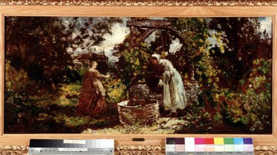 Una elegante y su criada en el pozo Pintura de Adolphe Monticelli (1824-1886) Dim. 34,5x69,5 cm Mención obligatoria: Colección Fundación Saludos de Provenza, Marsella de Adolphe Joseph Thomas Monticelli