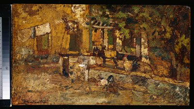 Patio de granja con un burro y gallos de Adolphe Joseph Thomas Monticelli