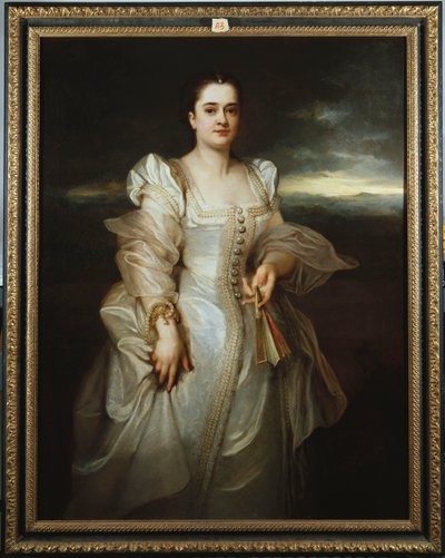 Retrato de una dama con un vestido blanco bordado con perlas de Adolphe Joseph Thomas Monticelli