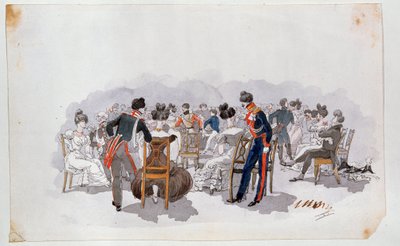 En un baile (En un baile). Alrededor de la pista de baile en el fondo, mujeres vestidas con disfraces se sientan en sillas y conversan con los oficiales. Pintura de Adolphe Ladurner (1798-1856), acuarela sobre papel, hacia 1830. Arte francés de Adolphe Ladurner