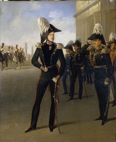El emperador Nicolás I acepta el informe oficial del príncipe Lobanov-Rostovsky (óleo sobre lienzo) de Adolphe Ladurner