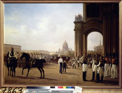 Desfile militar en la Plaza del Palacio de San Petersburgo (Desfile en la Plaza del Palacio de San Petersburgo). Pintura de Adolphe Ladurner (1798-1856), óleo sobre lienzo de Adolphe Ladurner