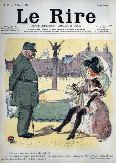 Un soldado y una prostituta en los jardines - ¿por qué tienes las piernas frías? - Sí, viejo, como tú en Crimea, me las congelé en mi camino este invierno al Polo Norte, y caliento mis pobres piernas al buen sol de todos! - dibujo de Adolphe Willette (1857 de Adolphe Leon Willette