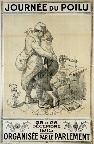 Primera Guerra Mundial: cartel en homenaje a los soldados representando la reunión de una pareja para el Día del Peludo el 25 y 26 de diciembre de Adolphe Leon Willette