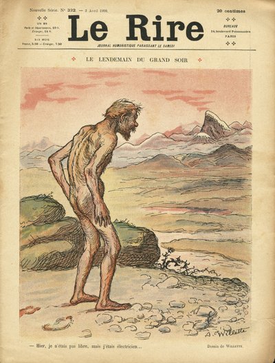 Ilustración de Adolphe dit Willette (1857-1926) para la portada de Le Rire, 03/04/09 - El día siguiente del gran evento - Social, Prehistoria, Colectivismo - Desnudez de Adolphe Leon Willette