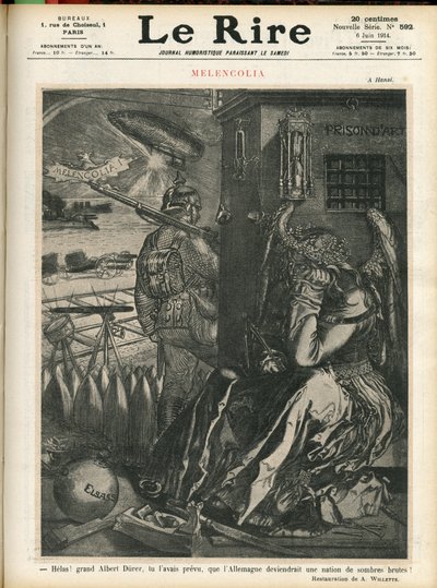 Ilustración de Adolphe dit Willette (1857-1926) para la portada de Le Lire, 06/06/14 - "¡Ay, gran Alberto Durero, habías predicho que Alemania se convertiría en un país de brutos oscuros!" - Melancolía - Guerra, Alemania Prusia - Durero de Adolphe Leon Willette