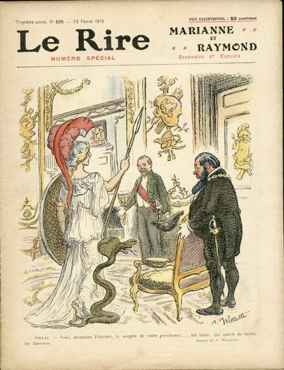 Ilustración de Adolphe dit Willette (1857-1926) para la Portada de Le Rire, 22/02/13 - Presidente de la República, Sombrero, Elíseo, Sillón (símbolo de poder) - Poinscare Raymond de Adolphe Leon Willette