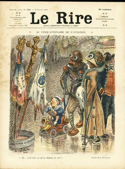 Ilustración de Adolphe dit Willette (1857-1926) para la portada de Le Rire, 26/02/10 - En el cincuentenario de la aviación - Aviación, Moda, Sombrero, Accidentes y Desastres de Adolphe Leon Willette