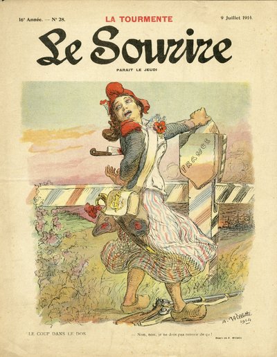 Ilustración de Adolphe dit Willette (1857-1926) para la Portada de Le Smile, no 28, 09/07/14 - El golpe en la espalda - Nacionalismo, Revolución Francesa, Guerra del 14-18 primeros ratones, Fronteras - Marianne de Adolphe Leon Willette