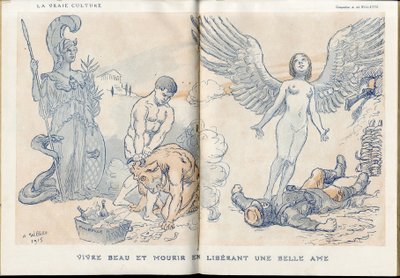 Ilustración de Adolphe dit Willette (1857-1926) en "Fantasio", 01/05/15 - Vivir hermoso y morir liberando un alma hermosa - Guerra del 14-18, Muertos cadáveres, Barbarie/Kultur, Mermelada de Calavera - Soldados de Adolphe Leon Willette