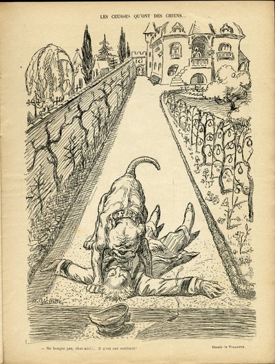 Ilustración de Adolphe dit Willette (1857-1926) en Le Rire, 27/02/09 - Les ceusses que on des chiens - Arquitectura Urbanismo, Animales - Perro, Pitt-Bull de Adolphe Leon Willette
