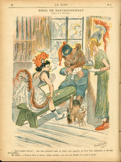 Risa, satírico en colores: Lazo de unión - Juego de cartas - Marianne, Oso, Albion Britania - Ilustración de Adolphe (Willette) (1857-1926) de Adolphe Leon Willette