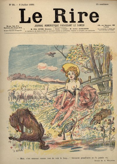Caperucita Roja - pastora en topless, Caperucita Roja - ¡Pero, es divertido ver al lobo...! Probablemente la abuela nunca lo vio. Dibujo de A. Willette para el Risa Número 35, 6 de julio de Adolphe Leon Willette