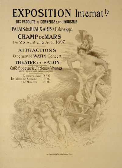 Reproducción de un cartel publicitario de una Exposición Internacional de Productos Comerciales e Industriales, Palais des Beaux-Arts y Galerie Rapp, Champ de Mars, París, 1893 de Adolphe Leon Willette