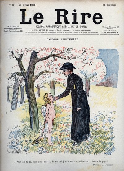 Primavera Candeur - En un bosque de flores, un sacerdote acaricia la cara de un niño desnudo, escondiendo detrás de su espalda un arco y una flecha y un par de alas. Sin saber que es Cupido, le pregunta si es nuevo, ya que nadie lo ha visto en el catecismo de Adolphe Leon Willette