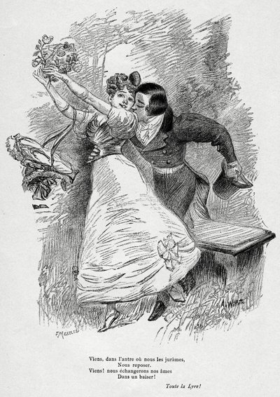 Dos amantes: "¡Venid a intercambiar nuestras almas/en un beso! " Ilustración de Wilette para el poema de Victor Hugo "L
