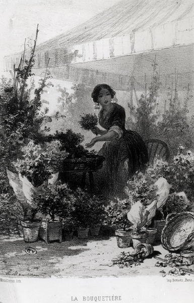 La vendedora de flores, mediados del siglo XIX (foto en blanco y negro) de Adolphe Mouilleron