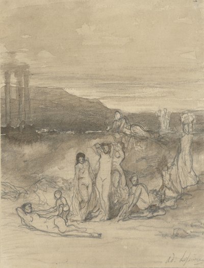 Paisaje clásico con desnudos recostados, de pie y sentados y las ruinas de un templo de Adolphe René Lefèvre