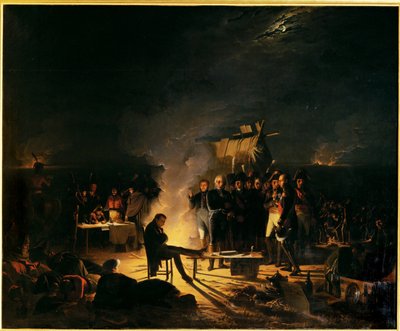 Vivaque de Napoleón en el campo de batalla de Wagramnuit del 5 al 6 de julio de 1809 ... (pintura sobre lienzo) de Adolphe Roehn