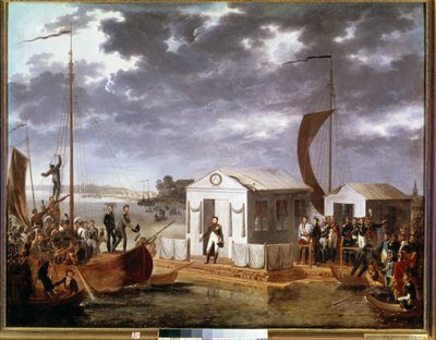 Entrevista de Tilsit entre Napoleón I y el Zar Alejandro I de Rusia en el río Niemen el 25 de junio de Adolphe Roehn