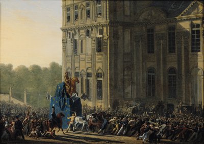 Transporte de la Estatua de Enrique IV (1553-1610) frente al Pabellón de Flora del Louvre, 1818 de Adolphe Roehn