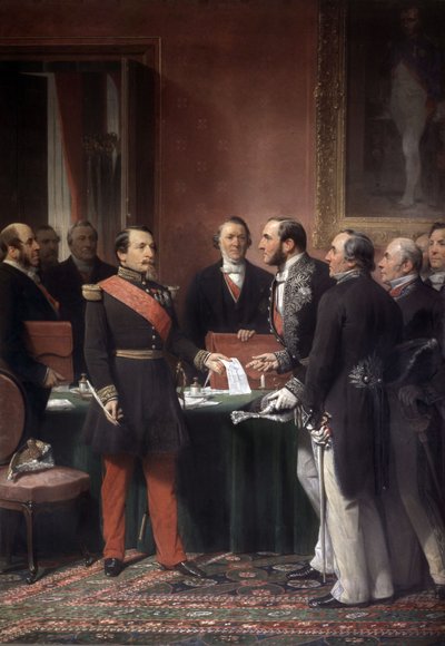 El emperador francés Napoleón III entrega a Barón Haussmann el decreto de anexión de los pueblos suburbanos de París en junio de 1859 de Adolphe Yvon