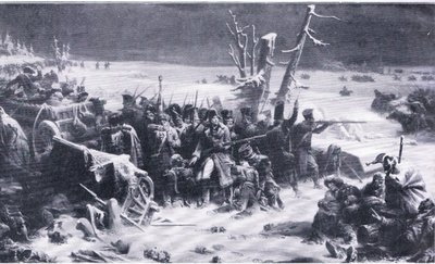 El Mariscal Ney apoyando la retaguardia durante la retirada de Moscú, ilustración de Hitos en la Historia Europea publicada por Gresham Publishing Co, c.1920 (litografía) de Adolphe Yvon