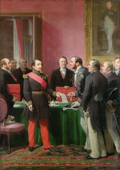 Napoleón III (1808-73) entrega el decreto que permite la anexión de los municipios suburbanos de París a Barón Georges Haussmann (1809-91) en junio de 1859 de Adolphe Yvon