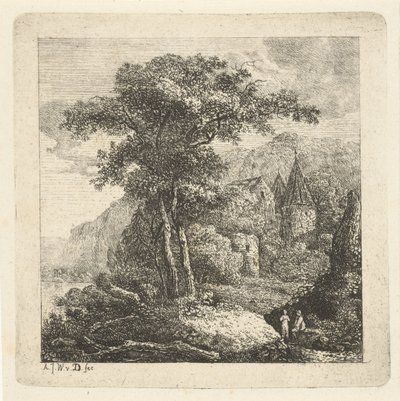 Paisaje montañoso con árboles, castillo y dos figuras. de Adriaan Jacob Willem van Dielen
