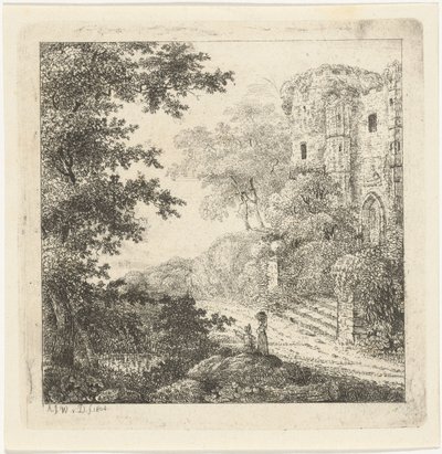 Paisaje con figuras en las ruinas de un castillo. de Adriaan Jacob Willem van Dielen