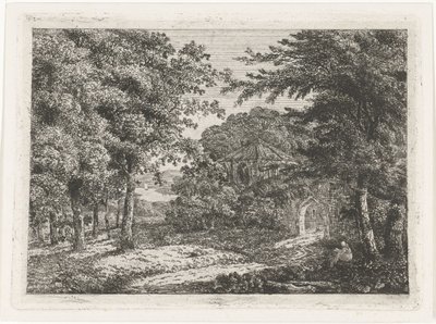 Paisaje con capilla entre árboles y monje leyendo de Adriaan Jacob Willem van Dielen