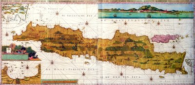 Insulae lavae, un gran mapa plegable de Java con dos inserciones que representan vistas de Batavia (Yakarta) Holandés, publicado por Gerard van Keulen, Amsterdam, c.1715 (grabado en color) de Adriaan Reland